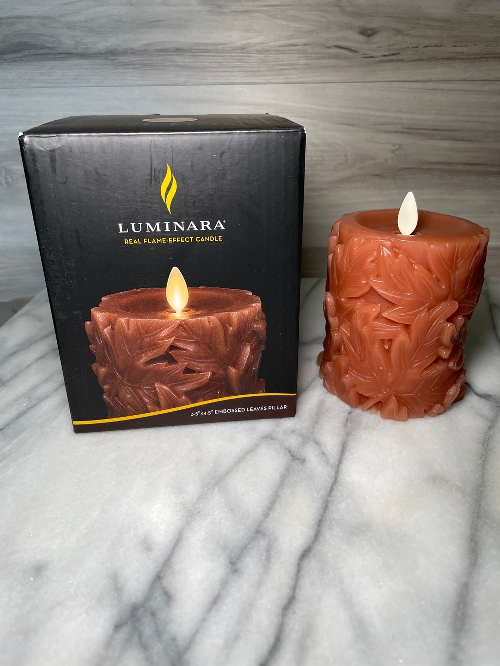NIB- Luminara Embossed Real Wax Flameless LED Pillar Candle,Leaves, Caramel Cafe - Picture 7 of 9